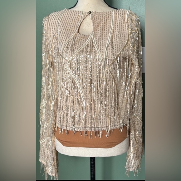 New women Sz S beige sequins embellished long sleeves party blouse top - Picture 1 of 9